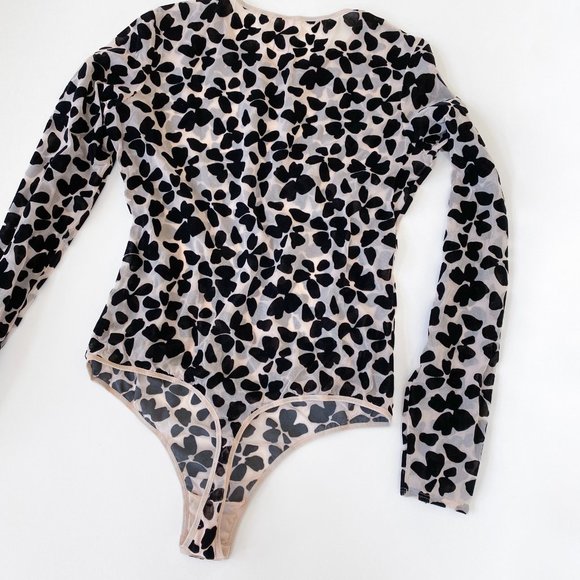 VS Sheer Long Sleeve Bodysuit with Black Velvet Floral Patterning - Picture 5 of 7